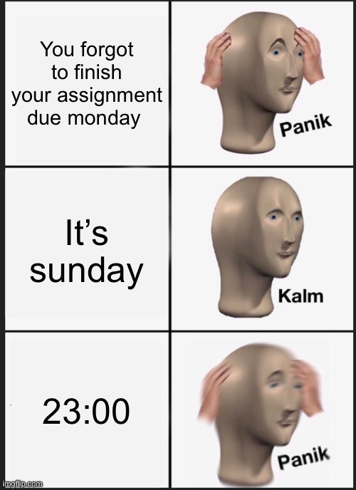 finishing assignments last minute be like | You forgot to finish your assignment due Monday; It’s sunday; 23:00 | image tagged in memes,panik kalm panik,school,last minute,finished | made w/ Imgflip meme maker