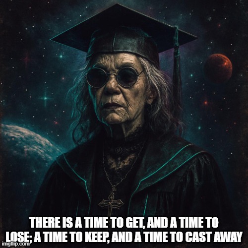 Yearbook Picture | THERE IS A TIME TO GET, AND A TIME TO LOSE; A TIME TO KEEP, AND A TIME TO CAST AWAY | image tagged in older woman at graduation in space,grad school,phd | made w/ Imgflip meme maker