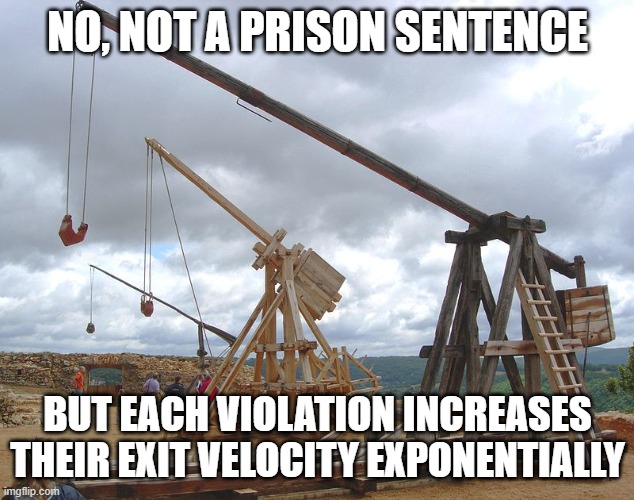 NO, NOT A PRISON SENTENCE BUT EACH VIOLATION INCREASES THEIR EXIT VELOCITY EXPONENTIALLY | image tagged in catapult | made w/ Imgflip meme maker