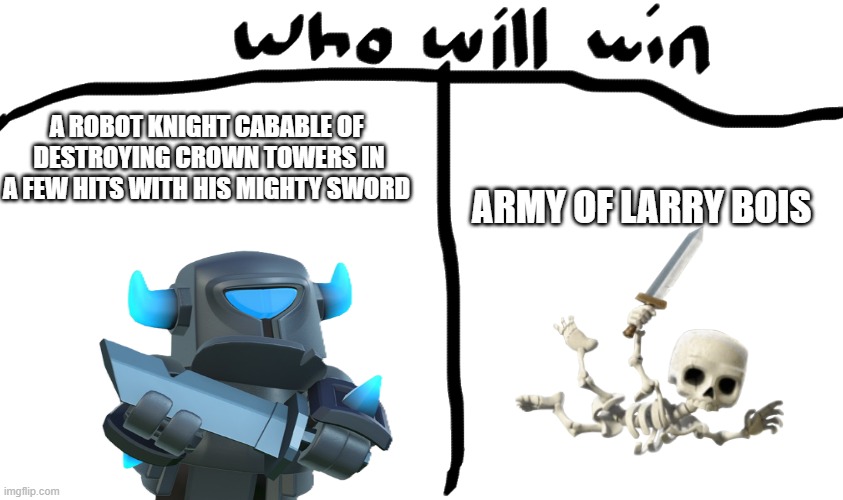 Who will win??? | ARMY OF LARRY BOIS; A ROBOT KNIGHT CABABLE OF  DESTROYING CROWN TOWERS IN A FEW HITS WITH HIS MIGHTY SWORD | image tagged in who will win,clash royale,larry | made w/ Imgflip meme maker