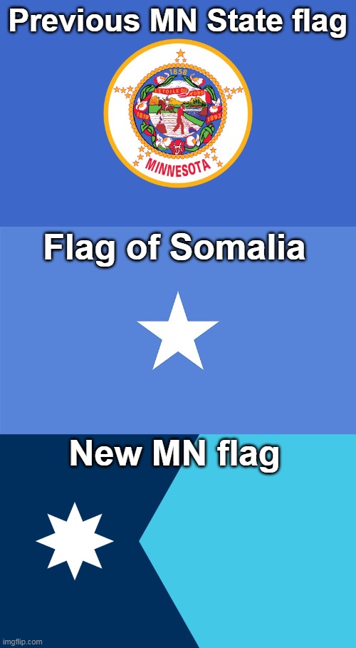Minnesota is falling to an invasion. | Previous MN State flag; Flag of Somalia; New MN flag | image tagged in democrats,evil,traitors | made w/ Imgflip meme maker