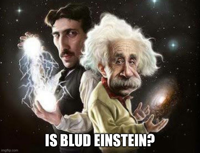 Tesla and Einstein | IS BLUD EINSTEIN? | image tagged in tesla and einstein | made w/ Imgflip meme maker
