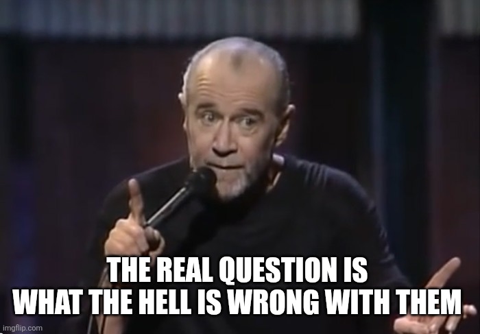 George Carlin | THE REAL QUESTION IS 
WHAT THE HELL IS WRONG WITH THEM | image tagged in george carlin | made w/ Imgflip meme maker