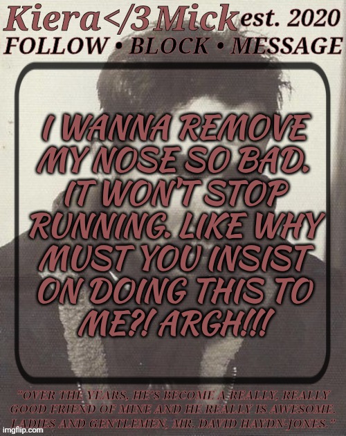 AND I GOTTA TAKE A FUCKING PISS!!! AHHH!!! | I WANNA REMOVE
MY NOSE SO BAD.
IT WON'T STOP
RUNNING. LIKE WHY
MUST YOU INSIST
ON DOING THIS TO
ME?! ARGH!!! | image tagged in km dhj greyscale,just me yelling stupidly mundane shit,for no reason,carry on,nothing to see here,lmfao | made w/ Imgflip meme maker