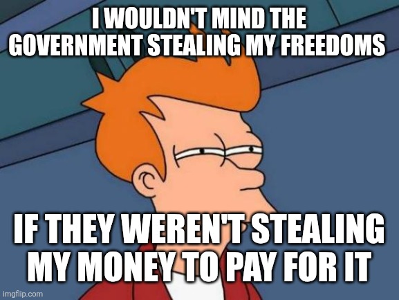 Futurama Fry Meme | I WOULDN'T MIND THE GOVERNMENT STEALING MY FREEDOMS; IF THEY WEREN'T STEALING MY MONEY TO PAY FOR IT | image tagged in memes,futurama fry | made w/ Imgflip meme maker