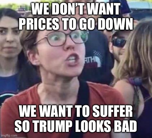 WE DON’T WANT PRICES TO GO DOWN WE WANT TO SUFFER SO TRUMP LOOKS BAD | image tagged in angry liberal | made w/ Imgflip meme maker