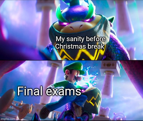 Luigi's power kick | My sanity before Christmas break; Final exams | image tagged in mario | made w/ Imgflip meme maker