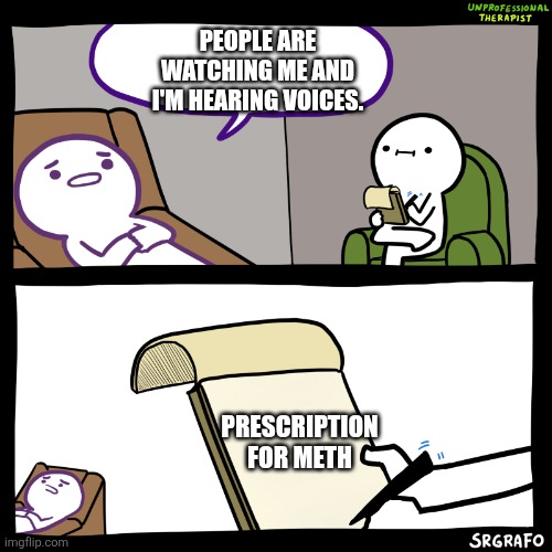 Not helping | PEOPLE ARE WATCHING ME AND I'M HEARING VOICES. PRESCRIPTION FOR METH | image tagged in unprofessional therapist,schizophrenia | made w/ Imgflip meme maker
