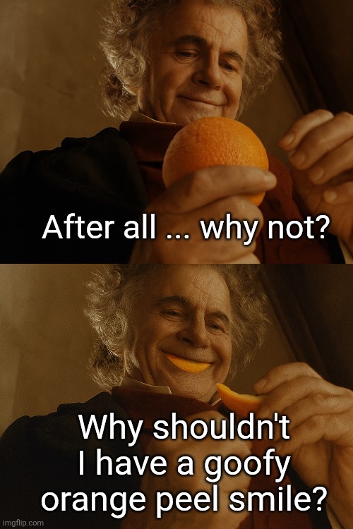 Why shouldn't I | After all ... why not? Why shouldn't I have a goofy orange peel smile? | image tagged in why shouldn't i | made w/ Imgflip meme maker