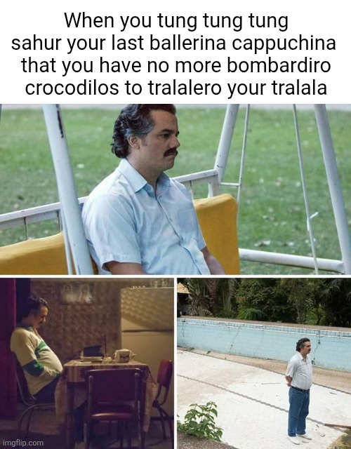 For all my brainrot aficionados out there | When you tung tung tung sahur your last ballerina cappuchina 
that you have no more bombardiro crocodilos to tralalero your tralala | image tagged in memes,sad pablo escobar | made w/ Imgflip meme maker