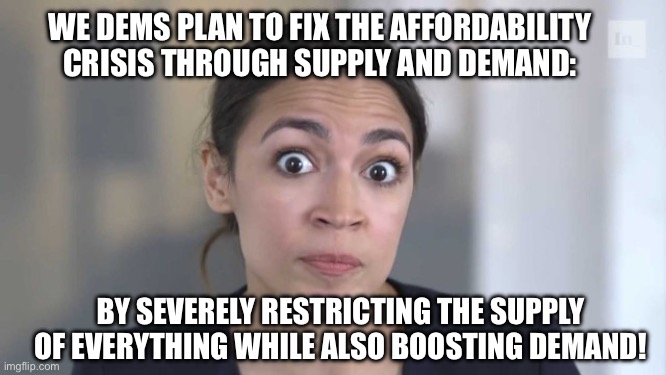 Crazy Alexandria Ocasio-Cortez | WE DEMS PLAN TO FIX THE AFFORDABILITY CRISIS THROUGH SUPPLY AND DEMAND:; BY SEVERELY RESTRICTING THE SUPPLY OF EVERYTHING WHILE ALSO BOOSTING DEMAND! | image tagged in crazy alexandria ocasio-cortez | made w/ Imgflip meme maker