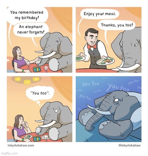 An elephant never forgets… | image tagged in comics,inkyrickshaw,elephant,never forgets | made w/ Imgflip meme maker