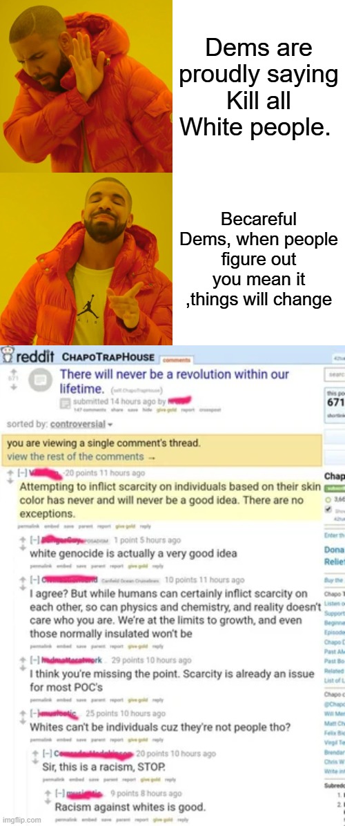 Dems are proudly saying Kill all White people. Becareful Dems, when people figure out you mean it ,things will change | image tagged in memes,drake hotline bling | made w/ Imgflip meme maker