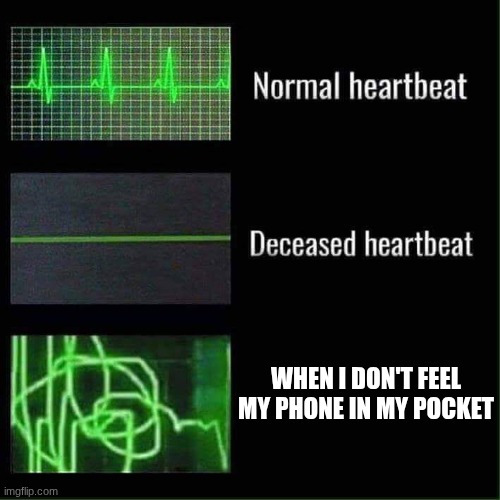 When i don't feel my phone in my pocket | WHEN I DON'T FEEL MY PHONE IN MY POCKET | image tagged in heart beat meme | made w/ Imgflip meme maker