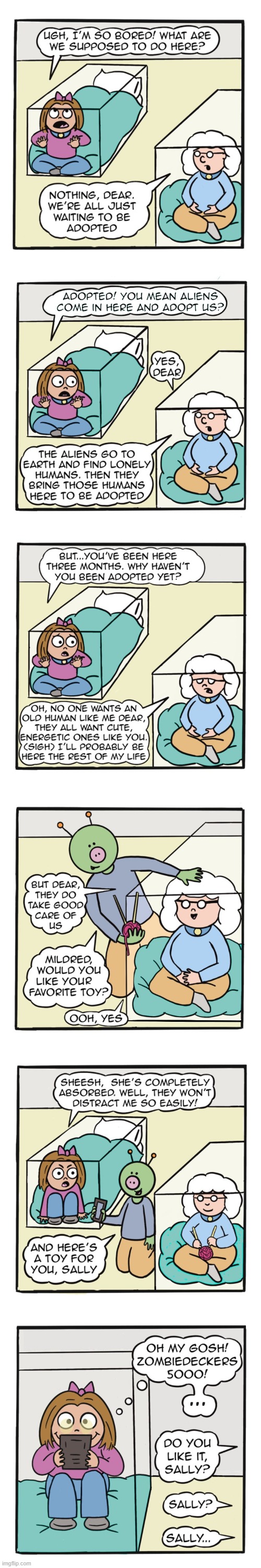 image tagged in humans,sally,elderly woman,aliens,knitting,tablet | made w/ Imgflip meme maker