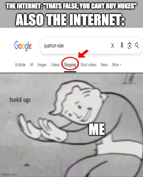 DUDE NO WAY(proceeds to buy 1 second later [jk why would i] ) | THE INTERNET: "THATS FALSE, YOU CANT BUY NUKES"; ALSO THE INTERNET:; ME | image tagged in fallout hold up,nuke,shopping | made w/ Imgflip meme maker