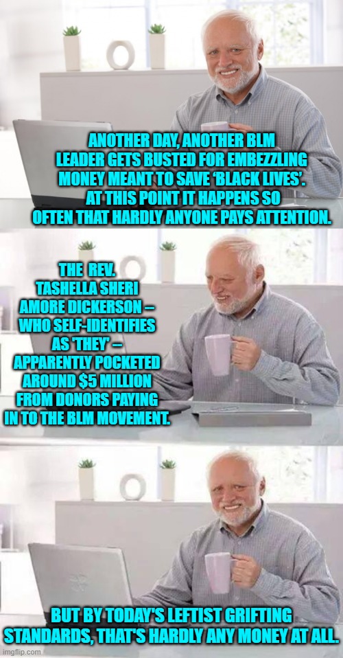 The more things change . . . the more that leftist elites remain corrupt. | ANOTHER DAY, ANOTHER BLM LEADER GETS BUSTED FOR EMBEZZLING MONEY MEANT TO SAVE ‘BLACK LIVES’.  AT THIS POINT IT HAPPENS SO OFTEN THAT HARDLY ANYONE PAYS ATTENTION. THE  REV. TASHELLA SHERI AMORE DICKERSON -- WHO SELF-IDENTIFIES AS 'THEY' -- APPARENTLY POCKETED AROUND $5 MILLION FROM DONORS PAYING IN TO THE BLM MOVEMENT. BUT BY TODAY'S LEFTIST GRIFTING STANDARDS, THAT'S HARDLY ANY MONEY AT ALL. | image tagged in hide the pain harold | made w/ Imgflip meme maker