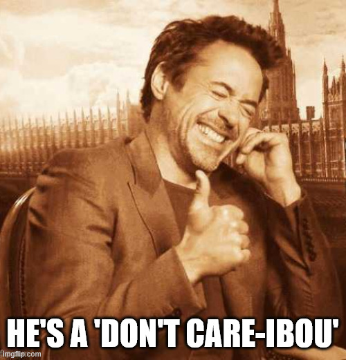 HE'S A 'DON'T CARE-IBOU' | image tagged in laughing thumbs up | made w/ Imgflip meme maker