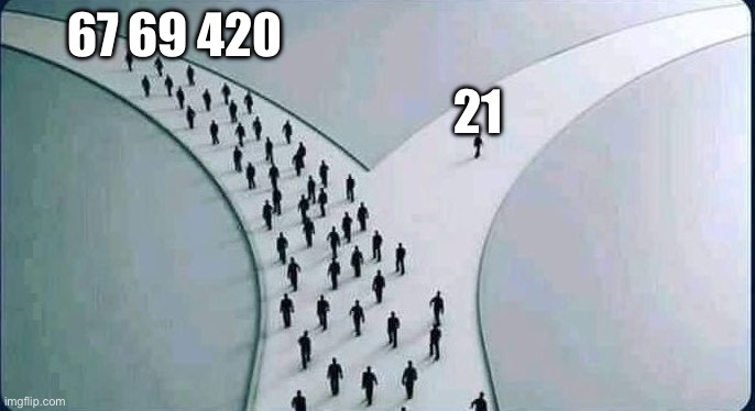 two paths | 67 69 420 21 | image tagged in two paths | made w/ Imgflip meme maker