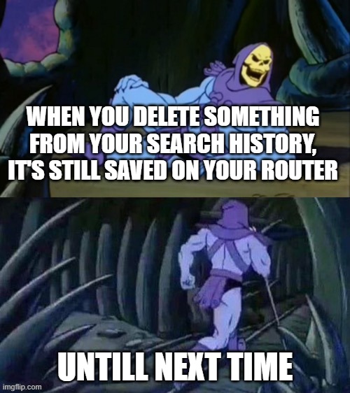 Search history | WHEN YOU DELETE SOMETHING FROM YOUR SEARCH HISTORY, IT'S STILL SAVED ON YOUR ROUTER; UNTILL NEXT TIME | image tagged in skeletor disturbing facts | made w/ Imgflip meme maker