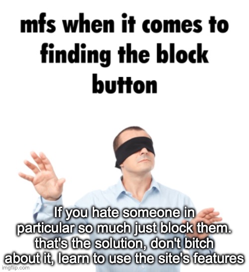 block button | If you hate someone in particular so much just block them. that's the solution, don't bitch about it, learn to use the site's features | image tagged in block button | made w/ Imgflip meme maker