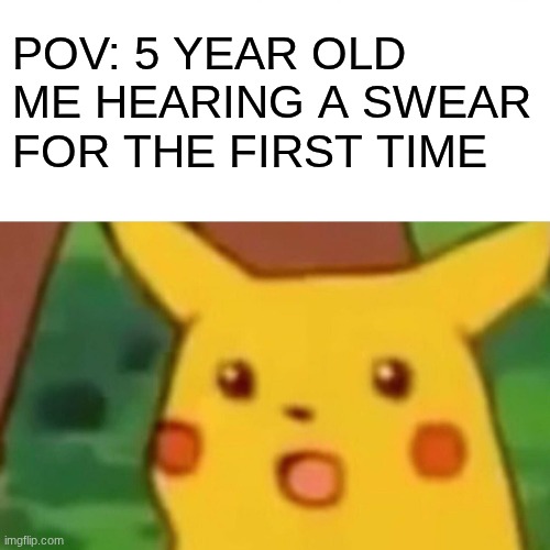 Surprised Pikachu Meme | POV: 5 YEAR OLD ME HEARING A SWEAR FOR THE FIRST TIME | image tagged in memes,surprised pikachu,swearing | made w/ Imgflip meme maker