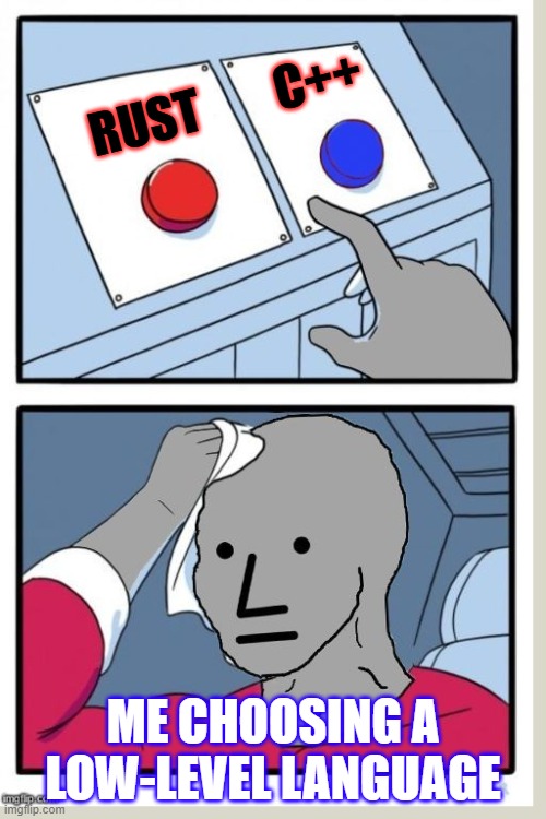 Low Level Language | RUST        C++; ME CHOOSING A LOW-LEVEL LANGUAGE | image tagged in npc voting | made w/ Imgflip meme maker