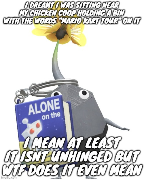 Book rock pikmin | I DREAMT I WAS SITTING NEAR MY CHICKEN COOP HOLDING A BIN WITH THE WORDS "MARIO KART TOUR" ON IT; I MEAN AT LEAST IT ISNT UNHINGED BUT WTF DOES IT EVEN MEAN | image tagged in book rock pikmin | made w/ Imgflip meme maker