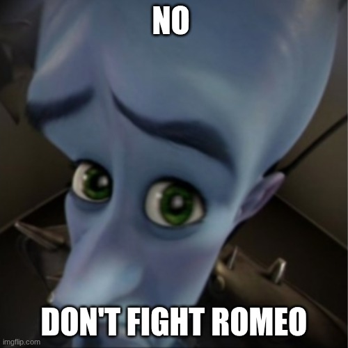 Megamind peeking | NO; DON'T FIGHT ROMEO | image tagged in megamind peeking | made w/ Imgflip meme maker