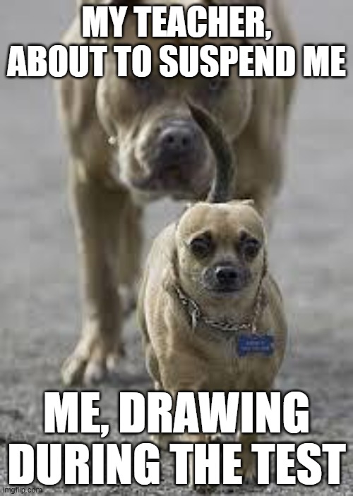 you can't deny it | MY TEACHER, ABOUT TO SUSPEND ME; ME, DRAWING DURING THE TEST | image tagged in big dog little dog | made w/ Imgflip meme maker