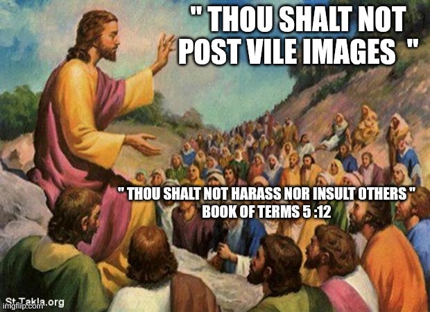 jesus-talking-to-crowd | " THOU SHALT NOT POST VILE IMAGES  " " THOU SHALT NOT HARASS NOR INSULT OTHERS "
BOOK OF TERMS 5 :12 | image tagged in jesus-talking-to-crowd | made w/ Imgflip meme maker