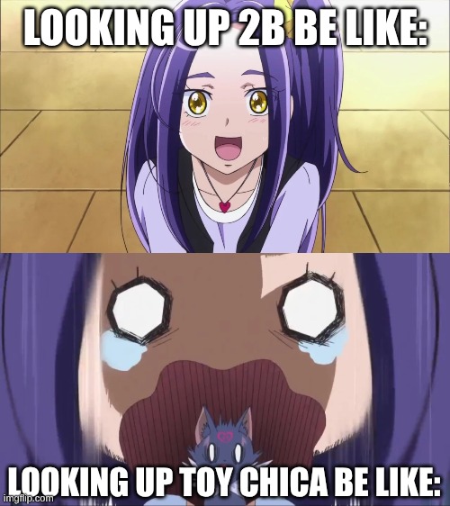 Two Separate Robot Girls From the 2010s | LOOKING UP 2B BE LIKE:; LOOKING UP TOY CHICA BE LIKE: | image tagged in memes,precure,video games,fnaf | made w/ Imgflip meme maker