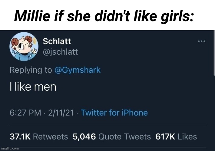 I like men | Millie if she didn't like girls: | image tagged in i like men | made w/ Imgflip meme maker