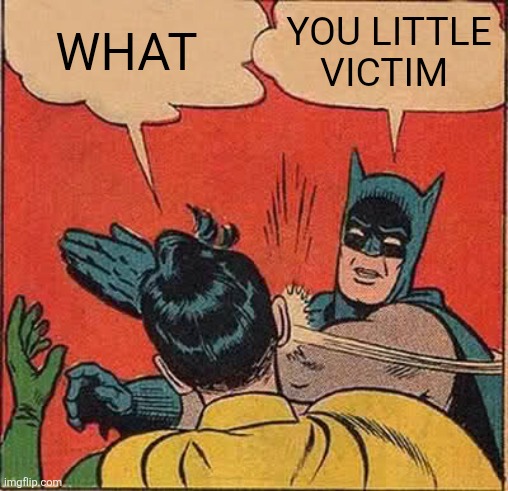 Batman Slapping Robin Meme | WHAT; YOU LITTLE VICTIM | image tagged in memes,batman slapping robin | made w/ Imgflip meme maker