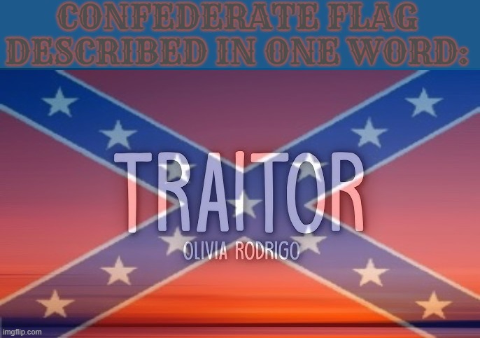 olivia rodrigo traitor | CONFEDERATE FLAG DESCRIBED IN ONE WORD: | image tagged in confederate,confederate flag,confederacy,rebel flag,rebel,traitor | made w/ Imgflip meme maker