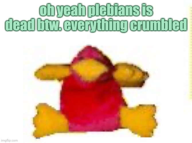 fucked up duck i think | oh yeah plebians is dead btw. everything crumbled | image tagged in fucked up duck i think | made w/ Imgflip meme maker