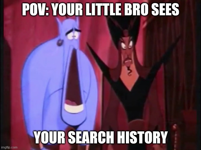 Little siblings always bed in your business | POV: YOUR LITTLE BRO SEES; YOUR SEARCH HISTORY | image tagged in genie mouth drop | made w/ Imgflip meme maker