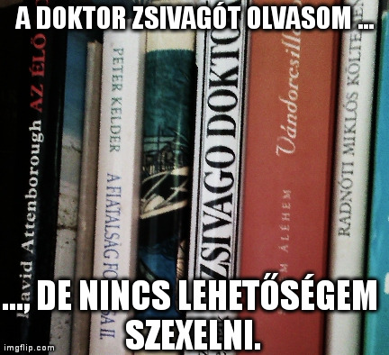 A Doktor Zsivagót olvasom, de nincs lehetőségem szexelni A Doktor Zsivagót olvasom, de nincs lehetőségem szexelni. A háttérben néhány könyvet látunk, köztük a „Zsivago Doktort”.