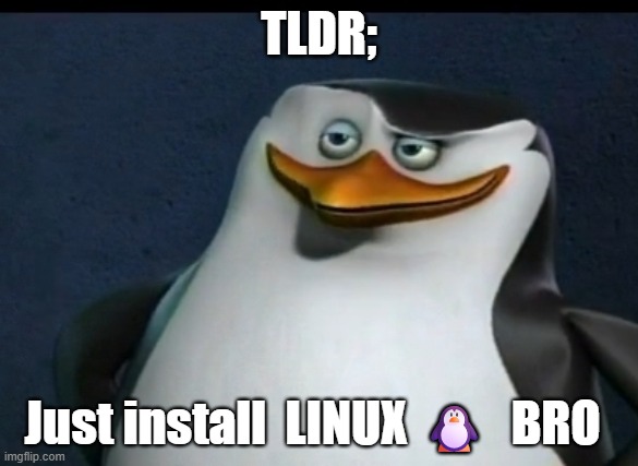 install linux bro | TLDR;; Just install  LINUX 🐧  BRO | image tagged in classic skipper captain of madagascar penguins,linux,linuxmeme,arch | made w/ Imgflip meme maker
