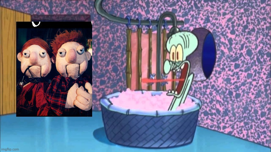 The infamous Irish puppet twins Podge and Rodge who dropped by Squidward's house! | image tagged in who dropped by squidward's house,podge and rodge,rte,ireland,twins,puppets | made w/ Imgflip meme maker