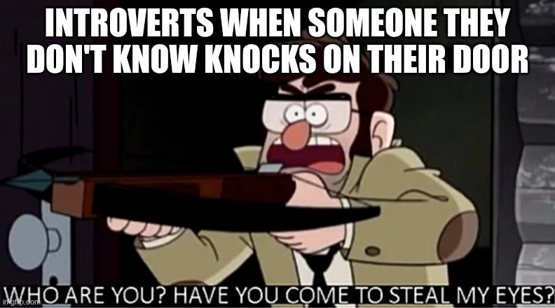 So true tho | INTROVERTS WHEN SOMEONE THEY DON'T KNOW KNOCKS ON THEIR DOOR | image tagged in who are you have you come to steal my eyes | made w/ Imgflip meme maker