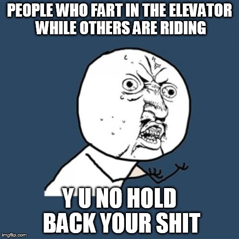 Y U No Meme | PEOPLE WHO FART IN THE ELEVATOR WHILE OTHERS ARE RIDING Y U NO HOLD BACK YOUR SHIT | image tagged in memes,y u no | made w/ Imgflip meme maker