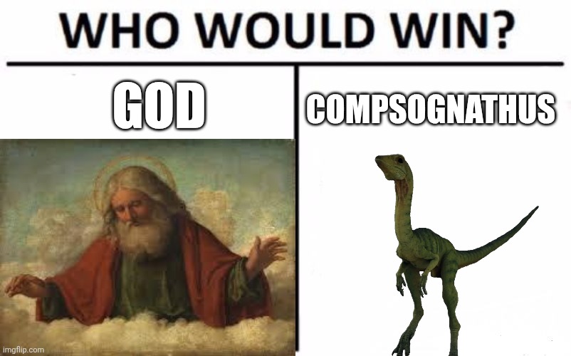 Who Would Win? Meme | GOD; COMPSOGNATHUS | image tagged in memes,who would win | made w/ Imgflip meme maker