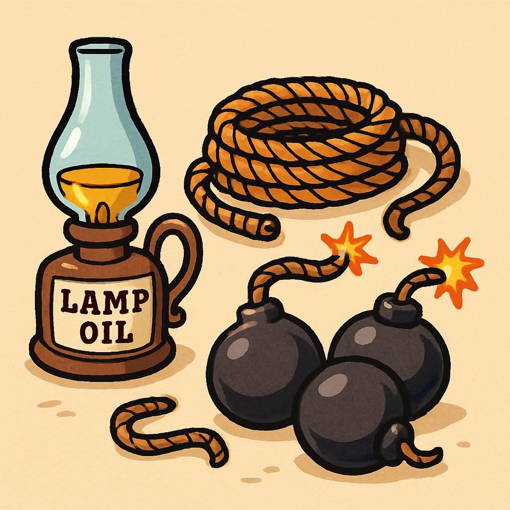 Lamp oil, rope, and bombs Blank Meme Template