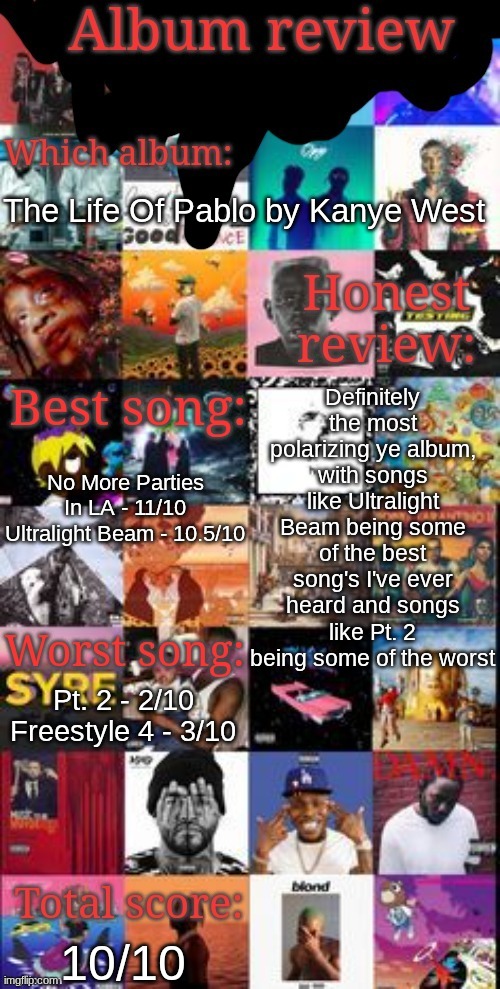 Album review | The Life Of Pablo by Kanye West; Definitely the most polarizing ye album, with songs like Ultralight Beam being some of the best song's I've ever heard and songs like Pt. 2 being some of the worst; No More Parties In LA - 11/10
Ultralight Beam - 10.5/10; Pt. 2 - 2/10
Freestyle 4 - 3/10; 10/10 | image tagged in album review | made w/ Imgflip meme maker
