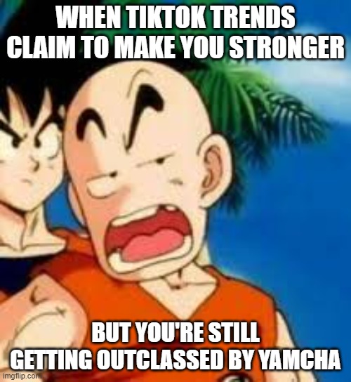 The true result of the 'One Punch Man' workout challenge. | WHEN TIKTOK TRENDS CLAIM TO MAKE YOU STRONGER; BUT YOU'RE STILL GETTING OUTCLASSED BY YAMCHA | image tagged in krillin sass,krillin,dragon ball z,goku,yamcha,challenge | made w/ Imgflip meme maker