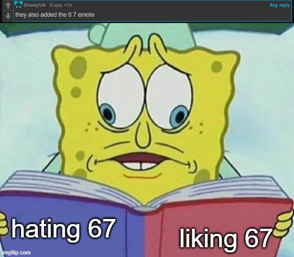 liking 67; hating 67 | image tagged in cross eyed spongebob | made w/ Imgflip meme maker