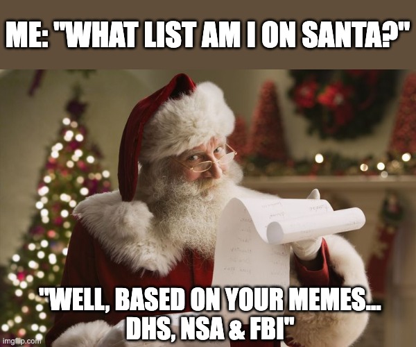 Santa List | ME: "WHAT LIST AM I ON SANTA?"; "WELL, BASED ON YOUR MEMES...
DHS, NSA & FBI" | image tagged in santa checking his naughty list | made w/ Imgflip meme maker
