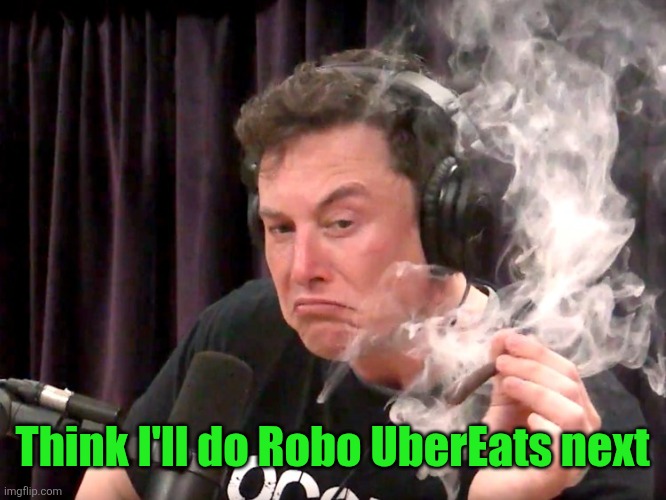 Elon Musk Weed | Think I'll do Robo UberEats next | image tagged in elon musk weed | made w/ Imgflip meme maker