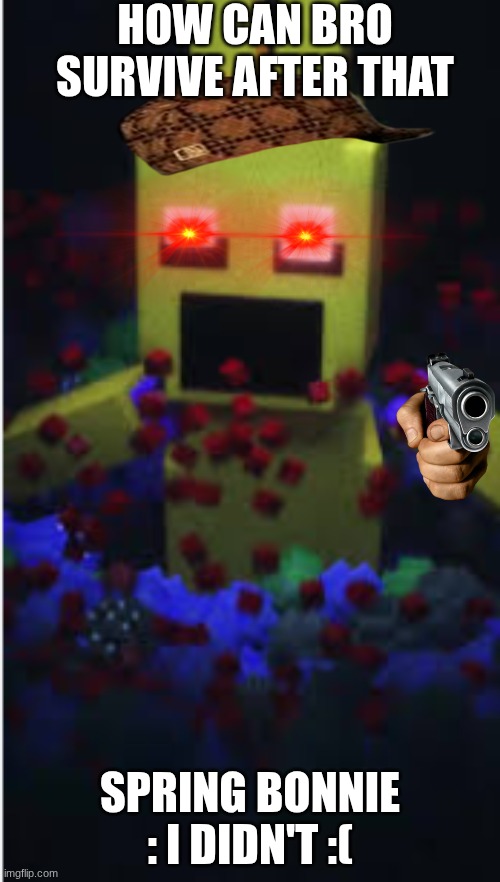 8 bit | HOW CAN BRO SURVIVE AFTER THAT; SPRING BONNIE : I DIDN'T :( | image tagged in meme | made w/ Imgflip meme maker